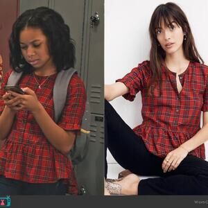 Madewell Studio Ruffle-Hem Top in Clanton Plaid Red/Black Medium Short Sleeve